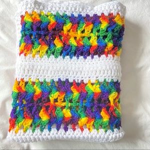 Handmade vintage rainbow crocheted crib blanket. Acrylic machine wash/dry